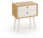 Mesita de noche elegante, con dos cajones y patas de madera, color encerado y blanco. medidas: ancho: 45 cm x alto: 55 cm x fondo: 30 cm