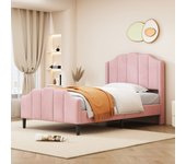 Cama tapizada 90x200 cm con cabecero - terciopelo - somier de láminas - rosa (sin colchón)
