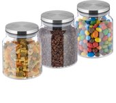 Relaxdays botes cristal con tapa, set de 3, 1100 ml, recipientes redondos, tarros herméticos, transparente/plateado