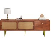 Mueble de tv mdf en nogal y ratán pe, 160*40*60 cm, 2 cajones, 2 puertas corredizas
