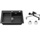 Fregadero de cuarzo y resina negro con escurridor y dispensador de jabón 60*45*20cm + mezclador de cocina de pared con 2 jets negro