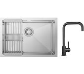 Fregadero de cocina de un solo cuenco cepillado de 60 × 44 cm con cesto de drenaje + grifo mezclador de cocina de inox negro con caño alto curvo