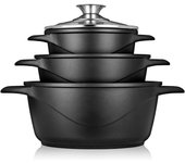 Batería de cocina inducción 6 piezas aluminio fundido 3 ollas con tapa de cristal antiadherente, briebe, negro, mgk-18