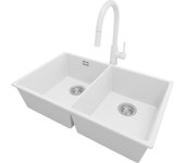 Primagran fregadero bajo encimera blanco 76x47cm, fregadero granito 2 senos + grifo 40x22cm + sifón, fregadero cocina al mueble 80cm - london twin