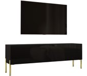 Mueble tv : negro mate / negro brillante, patas doradas, 140 x 52 x 32 cm