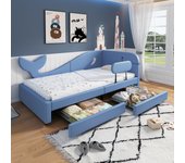 Cama tapizada de 90 x 200 cm con 2 cajones - piel sintética y mdf, contrachapado - diseño de ballena - azul (sin colchón)