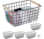5 cestas metálicas rejilla alambre con asas madera, canasto almacenaje rectangular, 16x31x21cm, negro