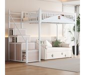 Cama alta 90 x 200 cm con espacio de almacenamiento - metal + contrachapado + mdf - somier de láminas - blanco