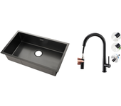 Fregadero cocina 1 bandeja 74*44*20cm,inox con sifón/trop-plein+grifo cocina con ducha extraíble,agua fría/caliente,bo en forma de u,negro