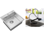 Fregadero cocina 1 bandeja 45x45cm acero inoxidable 304, empotrado y para colocar + mezclador de cocina inoxidable 304 plegable giratorio 360°, negro