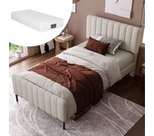 Cama con cabecero ajustable - 90 x 200 cm - tejido de lino - somier - beige + colchón
