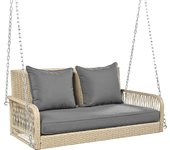 Hamaca de jardín en ratán beige con cojines lavables, 2 plazas, cojines de asiento y respaldo, capacidad de carga 160 kg