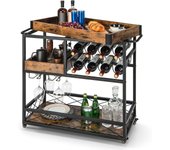 Carro de cocina de madera de 3 pisos, carrito de bar móvil con 8 botellas de vino y 12 soportes de cristal, ruedas universales, para salón y cocina