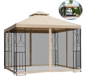 Cenador de jardín de 3 m x 3 m, pérgola exterior con techo, paredes laterales con mosquitera y estructura metálica, caseta de jardín
