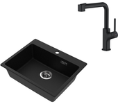 Auralum max 1 bandeja fregadero cocina de granito,55*45*20cm,kit devaciado, negro+grife de cocina negro con ducha extragible