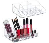 Relaxdays organizadores de maquillaje para pintalabios, pintaúñas, set de 2, 14 compartimentos, plástico, transparente