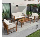 Conjunto de muebles de jardín con sofá doble, 2 sillones, mesa, cojines lavables, madera de acacia, diseño ratán, beige
