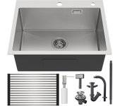 Fregadero cocina 58*45*18cm, 1 bandeja con escurridor enrollable y dispensador de jabón,inoxidable cepillado,montaje empotrable o de flor
