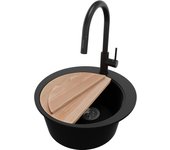 Primagran fregadero granito circular negro 50x50cm, fregadero cocina 1 seno + sifón + accesorios, fregadero sobre encimera al mueble 45cm - pisa
