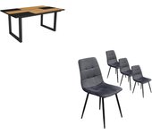 Pack mesa de comedor roble y partes negras con 4 sillas tapizadas 170u