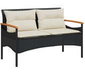Banco de jardín y cojines de ratán sintético negro 116x62,5x74 cm