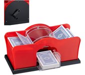 Relaxdays mezclador cartas, 2 mazos, manivela, barajador manual para juegos cartas hasta 91 mm, plástico, rojo y negro