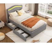 Cama para adultos 90x200 cm en tejido de lino - con led y 2 cajones - gris