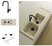 Pack fregadero 2 cubetas con escurridor válvula oro poalgi city pumice + grifo con ducha + válvula negro