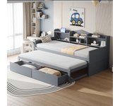 Cama nido 90 x 200 + 90 x 190 cm con 2 cajones, estantes y toma usb - tablero de partículas y mdf - gris