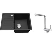 Fregadero encastrable de 1 seno con escurridor negro, cuarzo y resina, 65x45 cm + mezclador de cocina plegable cepillado