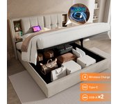 Cama contenedor 160 x 200 cm con cabecero contenedor - tomas usb y tipo c - tejido de lino - color natural