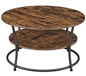 Mesa de café industrial redonda con doble estante, montaje sencillo, medidas 80x45 cm, metal y marrón rústico