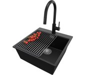 Primagran fregadero granito negro metallic 48x50cm, fregadero cocina 1 seno + sifón + accesorios, fregadero sobre encimera al mueble 50cm - oslo