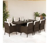 Conjunto de comedor de jardín y cojines 9 piezas polirratán marrón