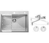 Fregadero de cocina de 1 seno, fregadero de inox cepillado de 60×45cm con cesta de drenaje + mezclador de cocina de pared con 2 chorros