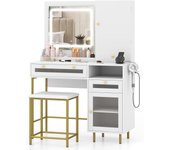 Costway tocador de maquillaje con luz y taburete, mesa de maquillaje con espejo y estación de carga, armario para joyas, tocador dormitorio con cajone