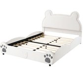 Cama infantil acolchonada en forma de oso, terciopelo blanco, cama 140x200 cm con material en madera y metal