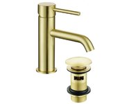 Grifo lavabo monomando pico dorado con válvula de desagüe
