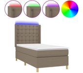 Cama con somier, colchón y luces led, tela gris topo, 90x190 cm