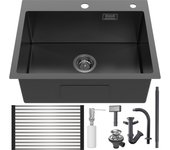 Auralum max fregadero cocina negro 58*45*18cm,lavabo cocina 1 bandeja con escurridor enrollable y dispensador de jabón,inox, montaje empotrado/flor