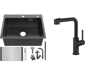 Fregadero cocina1bac 58*45*18cm, con escurridor fregadero enrollable/distribuidor jabón+ grifo de cocina negro con ducha extraíble