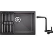 Fregadero de 1 lavabo, fregadero de cocina de acero inoxidable de 60 × 44 cm con cesta de drenaje + grifo mezclador de cocina plegable negro