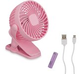 Relaxdays ventilador pequeño, 3 velocidades, basculante con pinza, silencioso, oficina, coche, usb, rosa