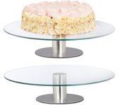 Relaxdays 2 platos giratorio de cristal para tartas, soporte pasteles, cupcakes, expositor pie acero, 30cm, transparente
