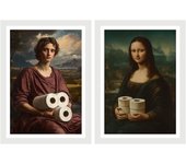 Set de 2 cuadros clásicos de mona lisa con papel higiénico divertida en estilo vintage para decorar para inodoro baño aseo wc a3 marco blanco