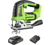 Greenworks gd24jsk2 battery jigsaw with 2 saw blades, 3000 spm, adjustable base up to 45�, suction attachment plus 24 v 2 ah battery and charger