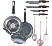 Set 3pc sarten (16+20+24cm) aluminio prensado, inducción, negra soul marble con set 3 pc utensilios cocina acero inoxidable con set 4pc cuchillos ace