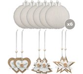 Pack de 6 bolas de navidad blancas 60mm + 6 adornos navideños madera de yute