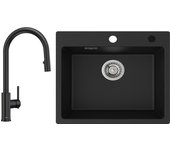 Cecipa max fregadero de cuarzo negro 50x45cm fregadero de 1 seno de cuarzo y resina + grifo de cocina monomando con ducha extraíble, 2 modos de salida