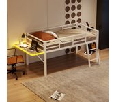 Cama media altura 90 x 200 cm con escritorio y escalera - metal - leds - somier de láminas - blanco (sin colchón)